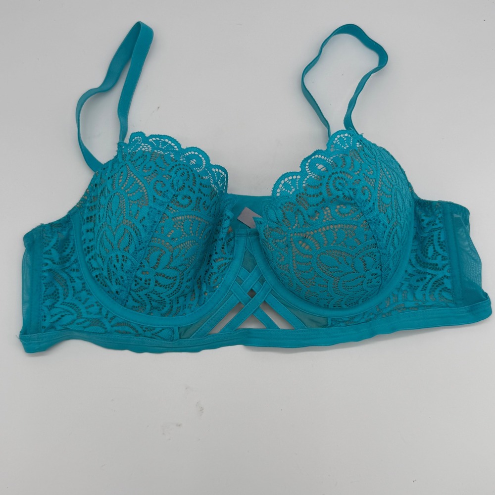 Adored‎ by Adore Me Diara Teal Blue Lace Contour Balconette Bra 38B Strappy